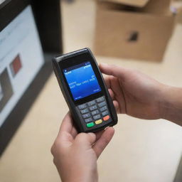 A first-person perspective of a person buying a credit card reader from a store.