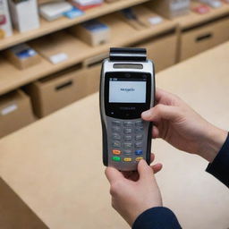 A first-person perspective of a person buying a credit card reader from a store.