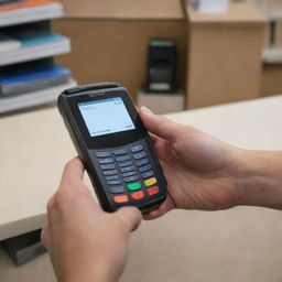 A first-person perspective of a person buying a credit card reader from a store.