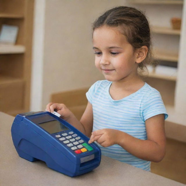 A child using a credit card machine
