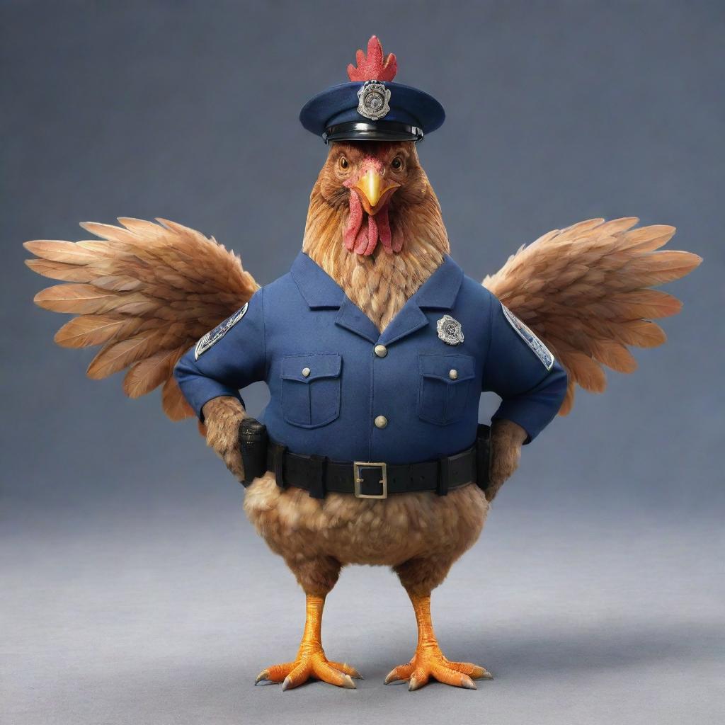 A chicken with helicopter wings, dressed in a detailed police uniform, standing proudly.