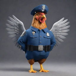 A chicken with helicopter wings, dressed in a detailed police uniform, standing proudly.