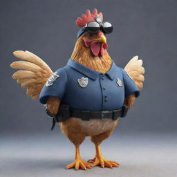 A chicken with helicopter wings, dressed in a detailed police uniform, standing proudly.