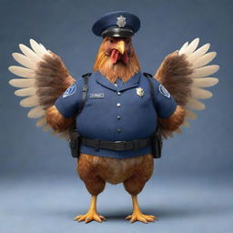 A chicken with helicopter wings, dressed in a detailed police uniform, standing proudly.