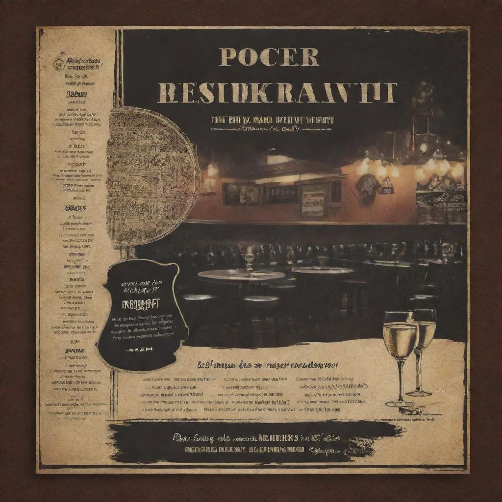 Create a captivating restaurant poster design based on a live music performance night theme. The restaurant is tastefully decorated with musical motifs, and the menu exhibits themed items.