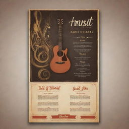 Create a captivating restaurant poster design based on a live music performance night theme. The restaurant is tastefully decorated with musical motifs, and the menu exhibits themed items.