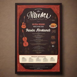 Create a captivating restaurant poster design based on a live music performance night theme. The restaurant is tastefully decorated with musical motifs, and the menu exhibits themed items.