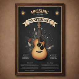 Create a captivating restaurant poster design based on a live music performance night theme. The restaurant is tastefully decorated with musical motifs, and the menu exhibits themed items.