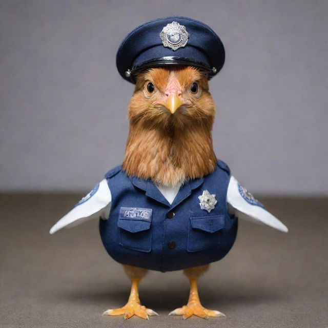 A chicken donned in a police uniform, complete with a badge, sporting helicopter rotor blades as wings, ready for an exciting flight.