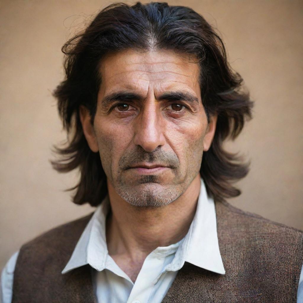 A portrait of a tall Kurdish man with a strong structure, brown eyes and eloquently styled hair