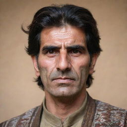 A portrait of a tall Kurdish man with a strong structure, brown eyes and eloquently styled hair