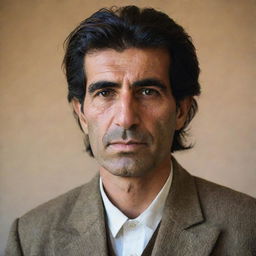 A portrait of a tall Kurdish man with a strong structure, brown eyes and eloquently styled hair