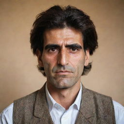 A portrait of a tall Kurdish man with a strong structure, brown eyes and eloquently styled hair