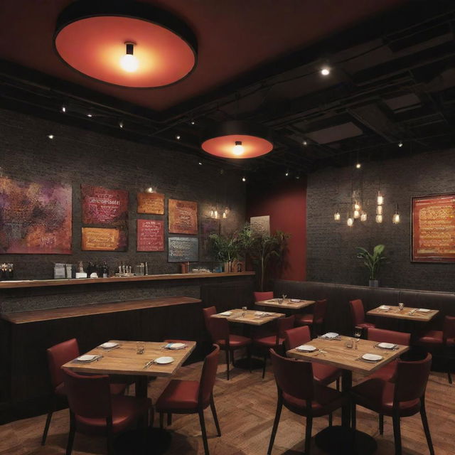 Generate an image of a restaurant designed with a live music performance night theme. The decoration should reflect the motif of a vibrant music night, complete with themed menu items.