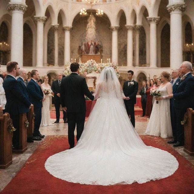 Spiderman getting married in his costume, standing by the altar with a bride. She is standing in a beautiful white wedding gown in a big well-decorated church. Guests and superheroes are also present.