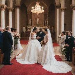 Spiderman getting married in his costume, standing by the altar with a bride. She is standing in a beautiful white wedding gown in a big well-decorated church. Guests and superheroes are also present.