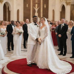 Spiderman getting married in his costume, standing by the altar with a bride. She is standing in a beautiful white wedding gown in a big well-decorated church. Guests and superheroes are also present.