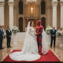 Spiderman getting married in his costume, standing by the altar with a bride. She is standing in a beautiful white wedding gown in a big well-decorated church. Guests and superheroes are also present.