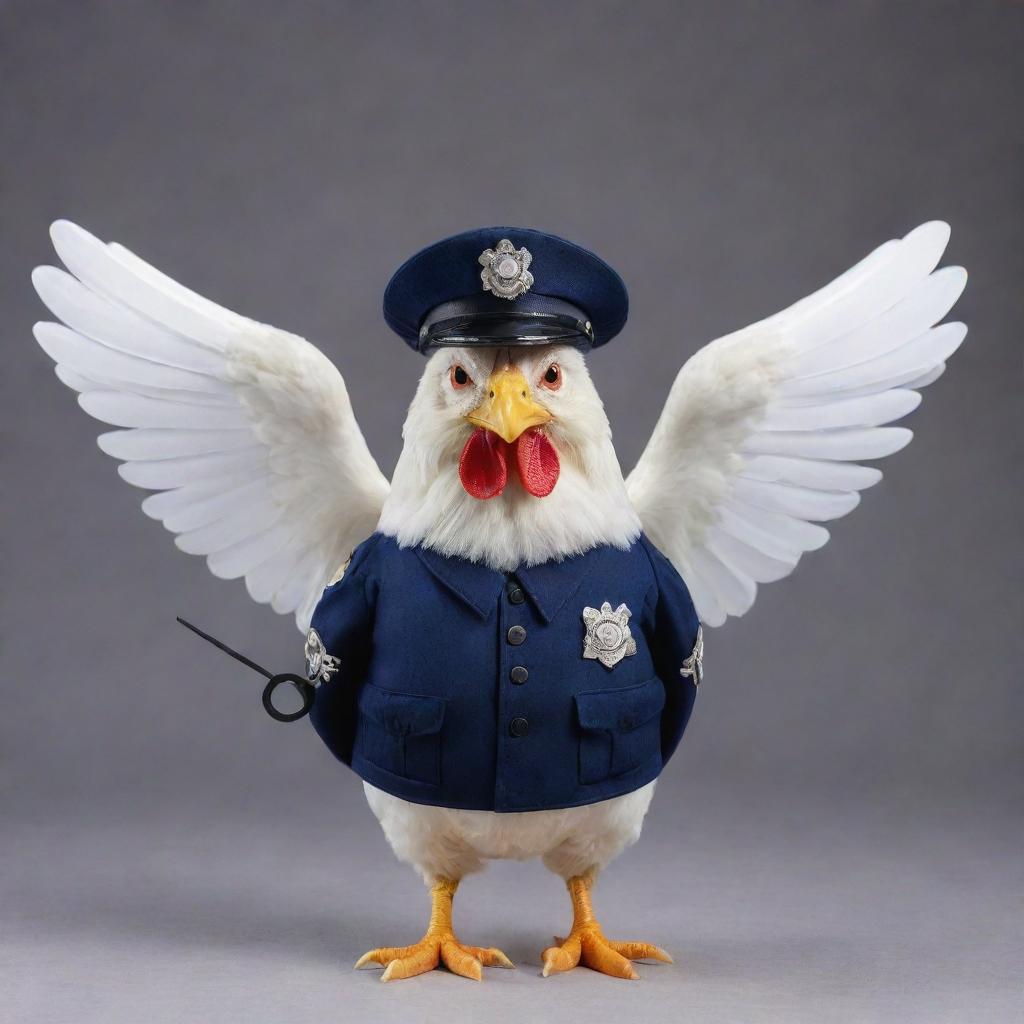 A chicken dressed in a public service police uniform, displaying helicopter rotor blades as wings, symbolizing readiness and duty.