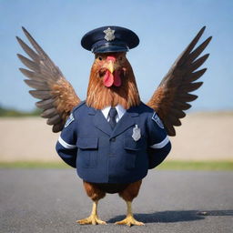 A chicken dressed in a public service police uniform, displaying helicopter rotor blades as wings, symbolizing readiness and duty.