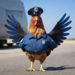 A chicken dressed in a public service police uniform, displaying helicopter rotor blades as wings, symbolizing readiness and duty.