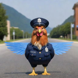 A chicken dressed in a public service police uniform, displaying helicopter rotor blades as wings, symbolizing readiness and duty.