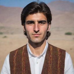 A portrait of a tall, young Kurdish man with striking brown hair, confidently showcasing his vibrant culture