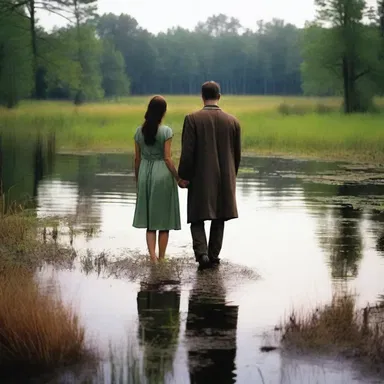 They took a romantic walk along the edge of the swampy pond, their feet sinking into the soft soil.