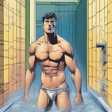 The main character in the comic book takes a shower after a long day of crime fighting.