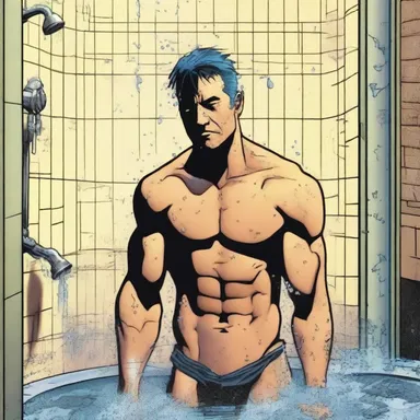 The main character in the comic book takes a shower after a long day of crime fighting.