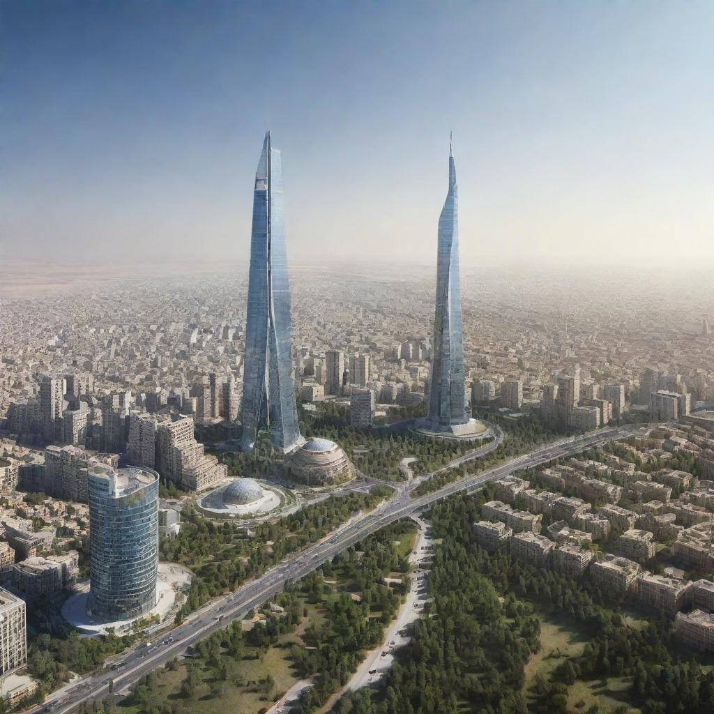 A speculative view of Iran in 2030, showcasing its progress in terms of architecture, technology, socio-cultural development, and sustainability efforts