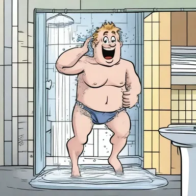 In the comic strip, the character takes a shower to wake up in the morning.