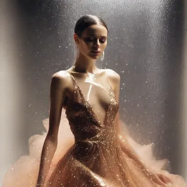 The fashion model wore a luxurious gown as she stood under the shower of glitter.