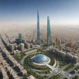 A speculative view of Iran in 2030, showcasing its progress in terms of architecture, technology, socio-cultural development, and sustainability efforts