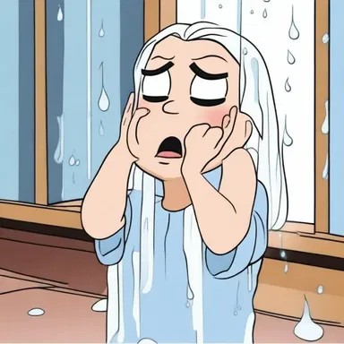 In the cartoon, the character's heartbreak is depicted as a shower of tears.