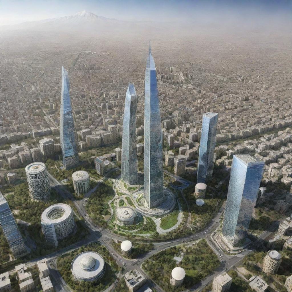 A speculative view of Iran in 2030, showcasing its progress in terms of architecture, technology, socio-cultural development, and sustainability efforts