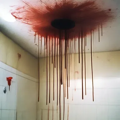 The horror movie had a terrifying scene where a shower of blood poured down from the ceiling.