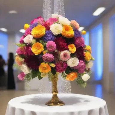 The shower at the fashion show was decorated with intricate floral arrangements and colorful lights.