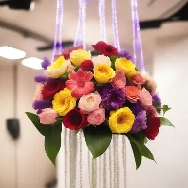 The shower at the fashion show was decorated with intricate floral arrangements and colorful lights.