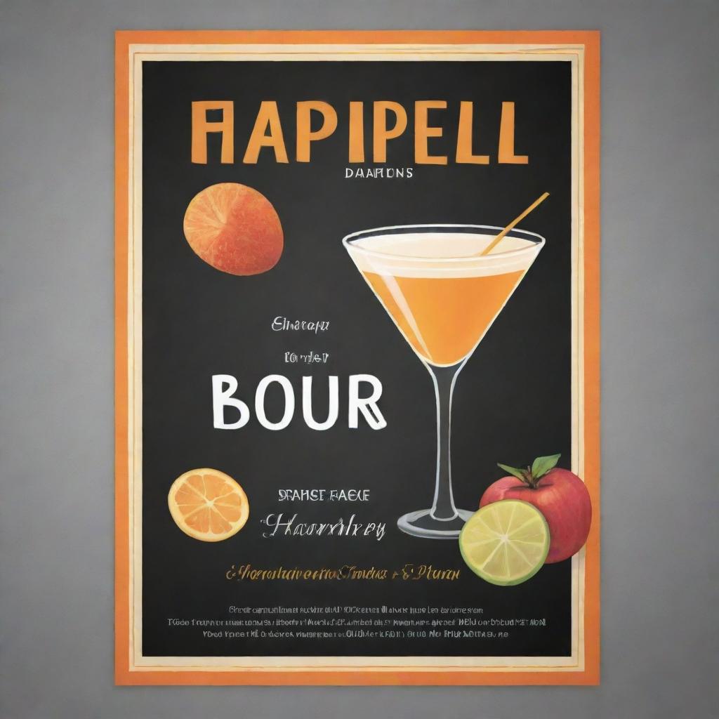 Design an enticing poster for a happy hour event featuring discounted beverages and appetizers, attracting an after-work crowd seeking a casual, fun atmosphere.