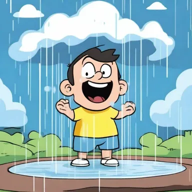 In the cartoon episode, the character got trapped in a raincloud and started showering everyone with water.