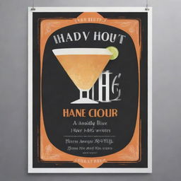 Design an enticing poster for a happy hour event featuring discounted beverages and appetizers, attracting an after-work crowd seeking a casual, fun atmosphere.