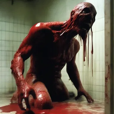 The horror movie scene depicted a terrifying monster showering its victims with blood.