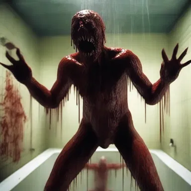 The horror movie scene depicted a terrifying monster showering its victims with blood.