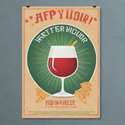 Design an enticing poster for a happy hour event featuring discounted beverages and appetizers, attracting an after-work crowd seeking a casual, fun atmosphere.