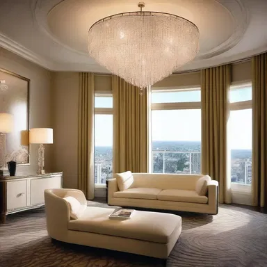 The luxurious penthouse suite had a grand chandelier that showered the room with sparkling light.