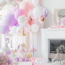 Living room transformed into a whimsical birthday party setup for a 1-year-old girl, with pastel balloons, a unicorn theme, and a birthday banner.