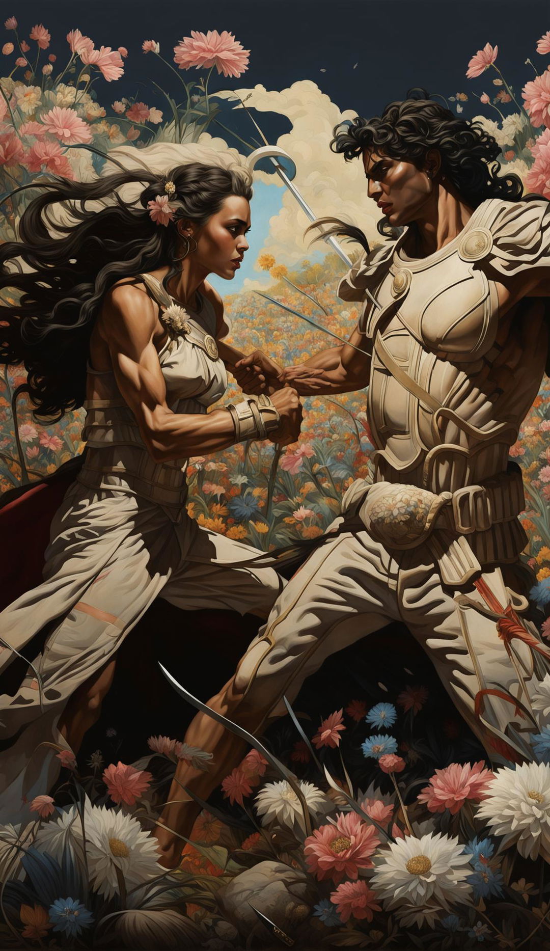 A realistic Rococo style painting of a tanned, blond Achilles battling the dark-skinned, black-haired Amazonian warrior queen Penthesilea in a pastel floral landscape.