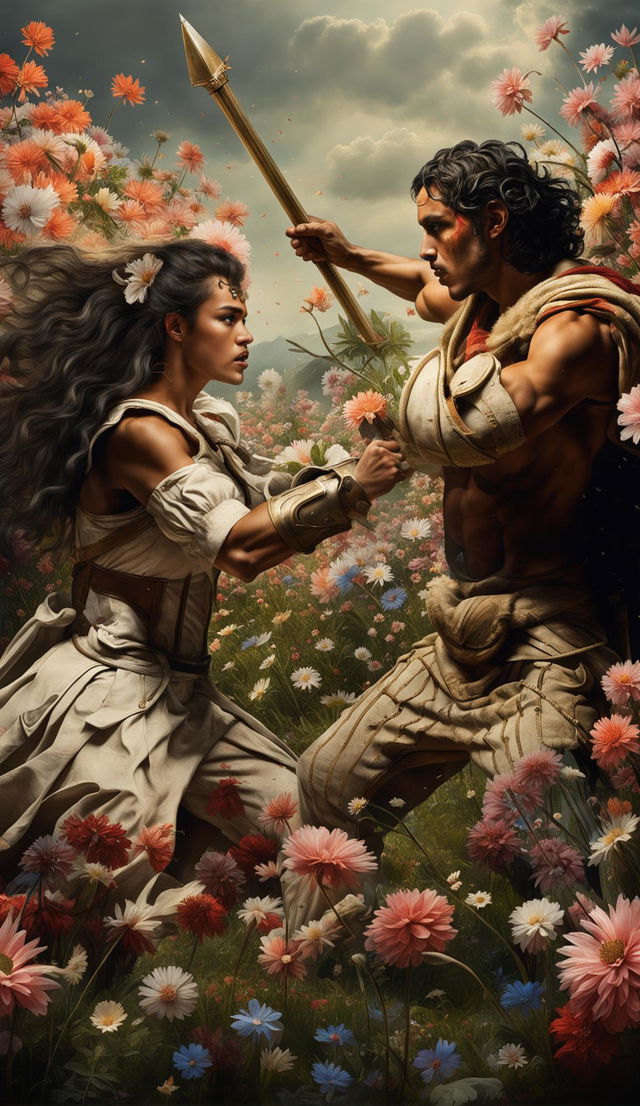 Unfiltered photograph of a tanned, blond Achilles in Roman attire battling the dark-skinned, black-haired Amazonian warrior queen Penthesilea in a pastel floral Rococo style landscape.