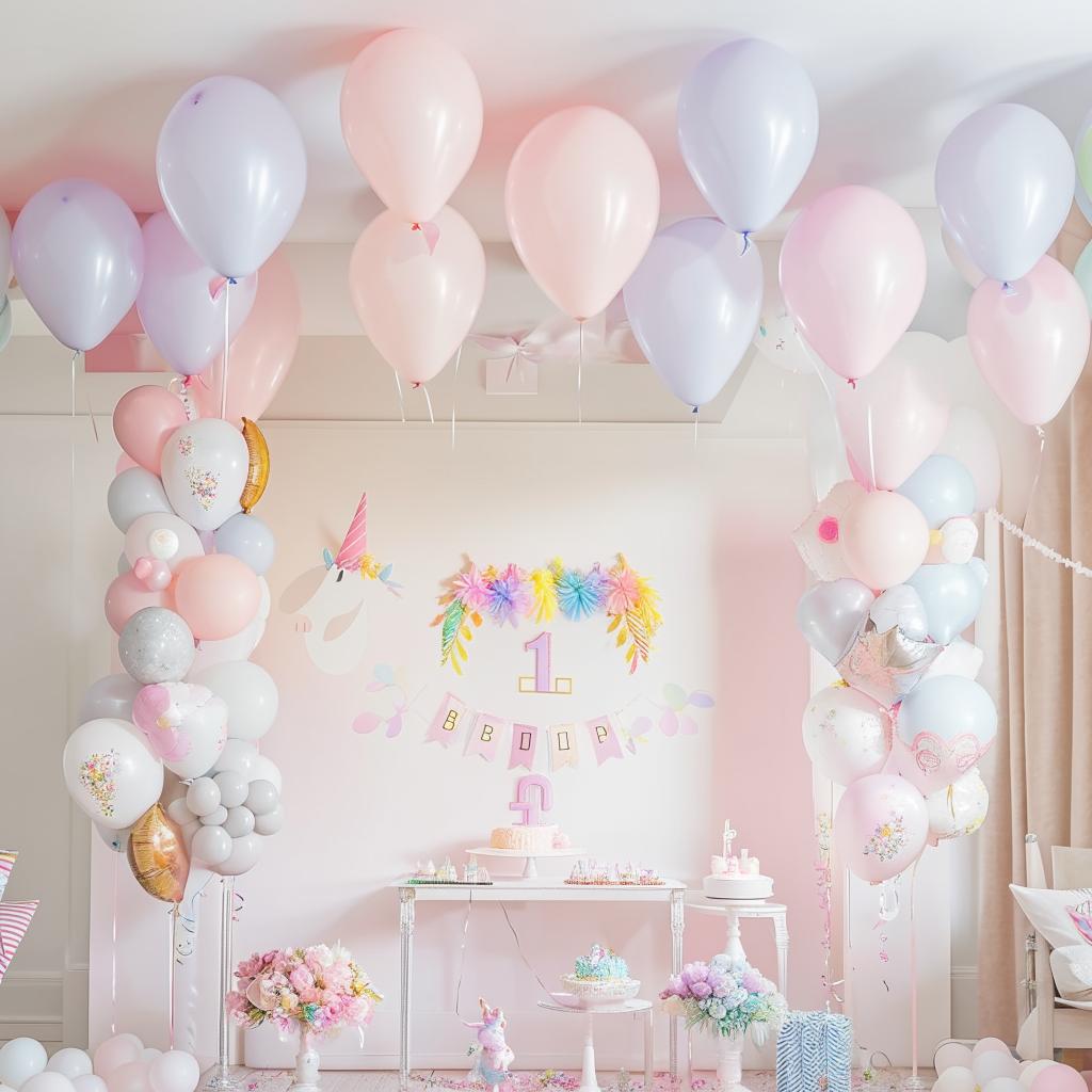 Living room transformed into a whimsical birthday party setup for a 1-year-old girl, with pastel balloons, a unicorn theme, and a birthday banner.